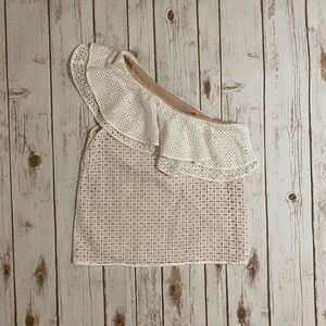 J. Crew White One Shoulder Ruffle Eyelet Top Size 00